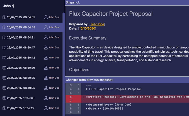 Screenshot of Seychl's document history feature showing tracked versions and ability to revert changes
